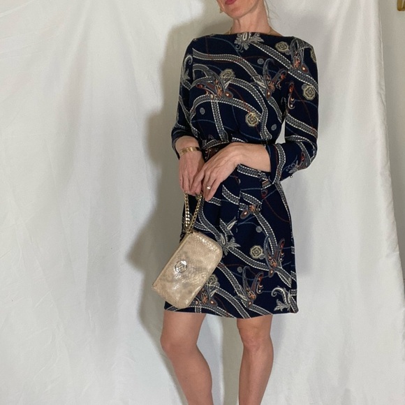 H&M boatneck paisley luxury print‎ shift dress navy blue 3/4 sleeve - Picture 5 of 11